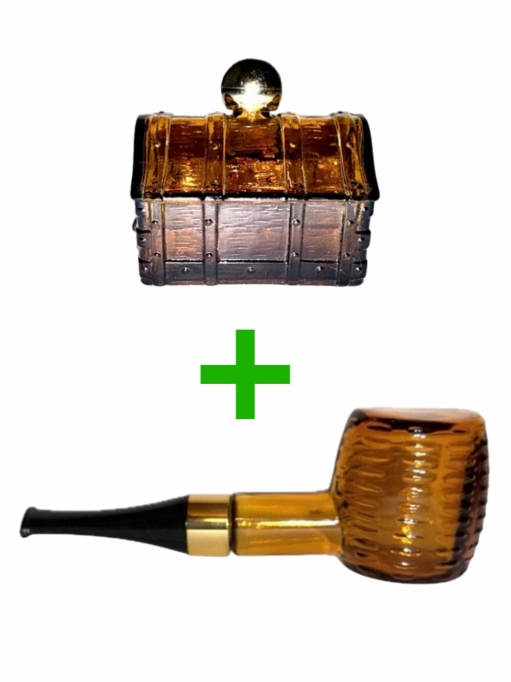 Set of 2 Vintage Avon Aftershave Bottles (Empty): Treasure Chest + Corn Cob Pipe